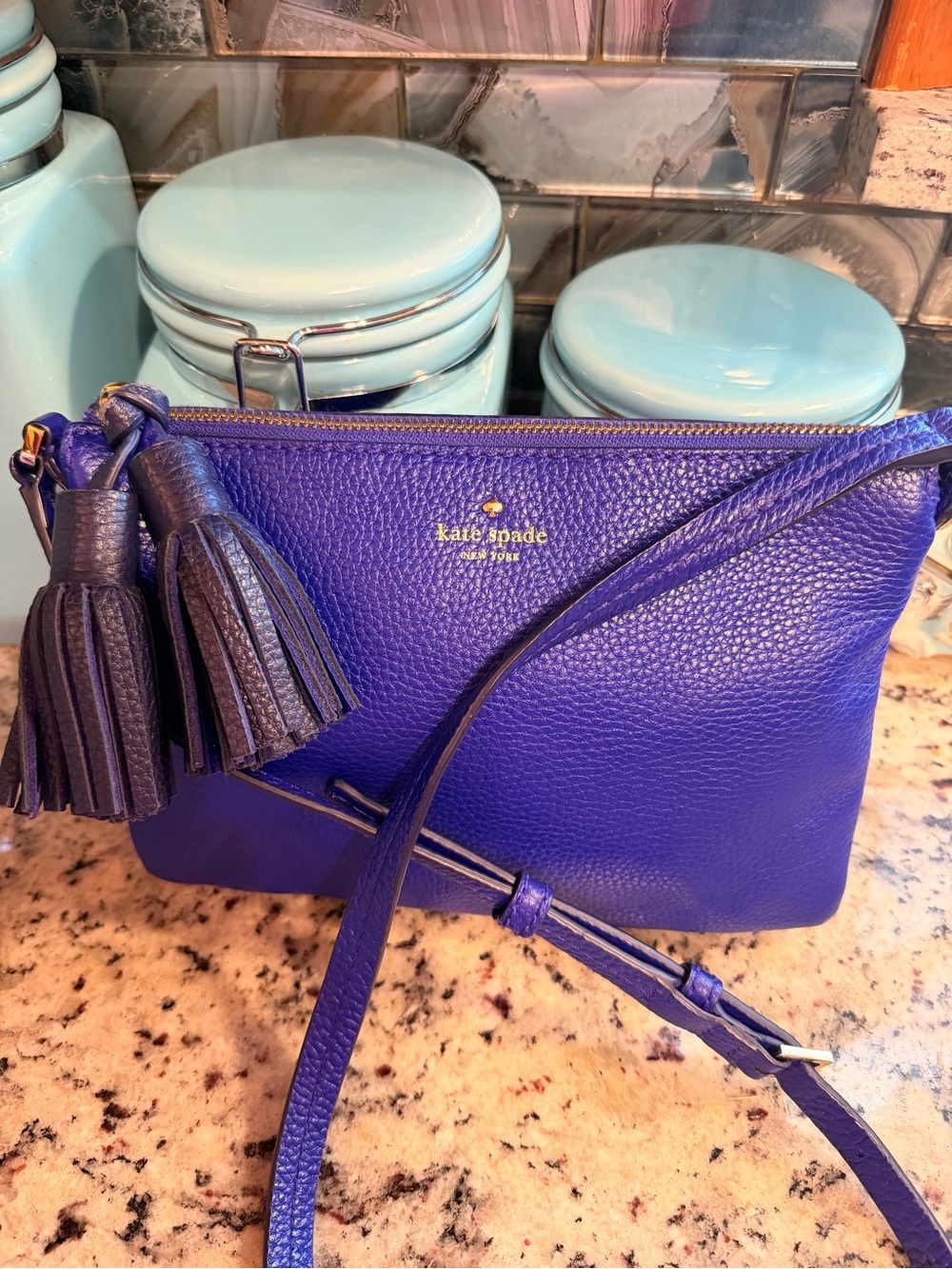 kate spade Electric Blue Pebbled Leather Crossbody with Tassels